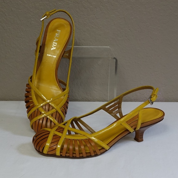 Prada Sling Kitten Heel Patent Golden Yellow Shoe - Picture 1 of 7